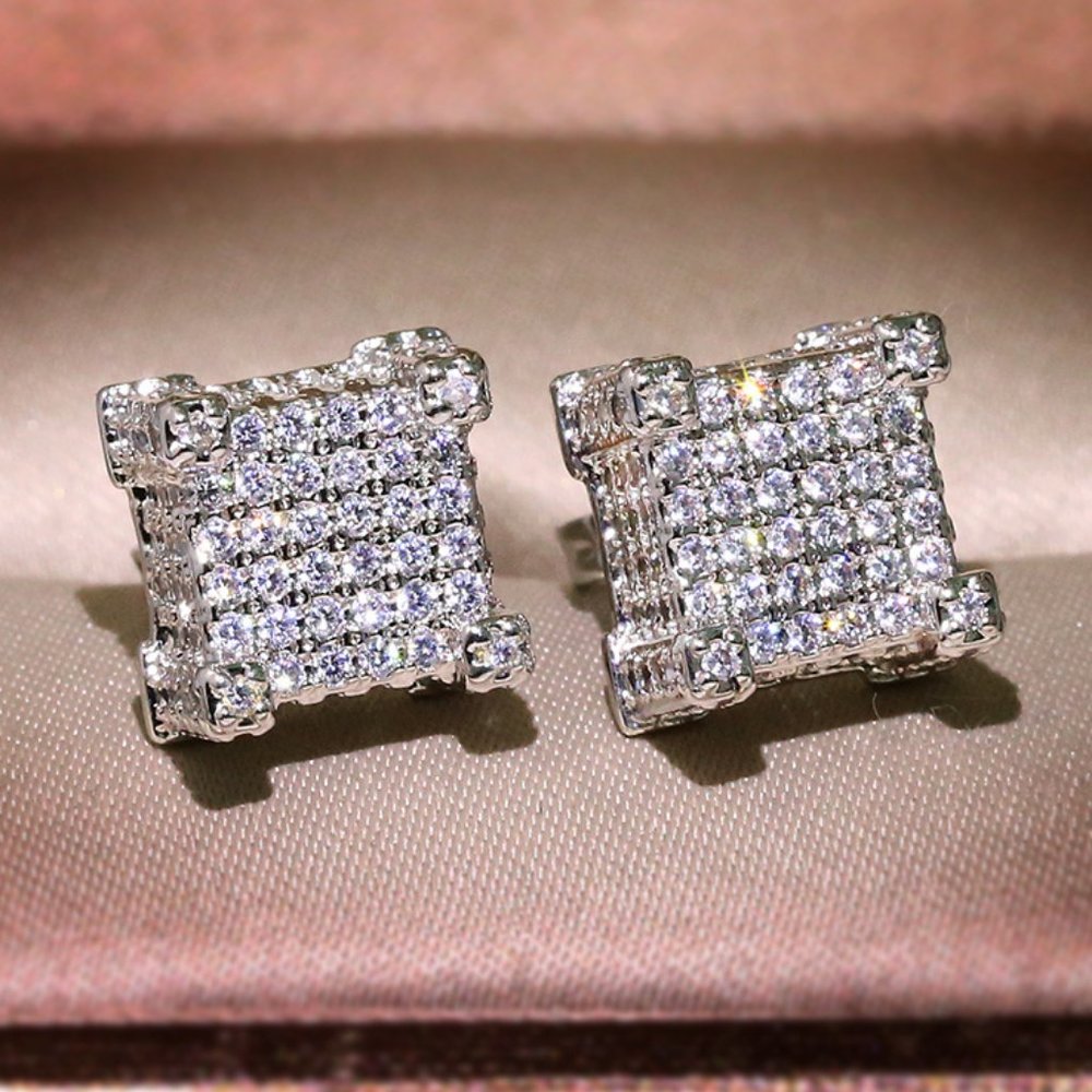 18K White Gold Diamond Square Pave Earrings B7
